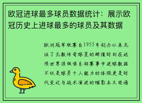 欧冠进球最多球员数据统计：展示欧冠历史上进球最多的球员及其数据
